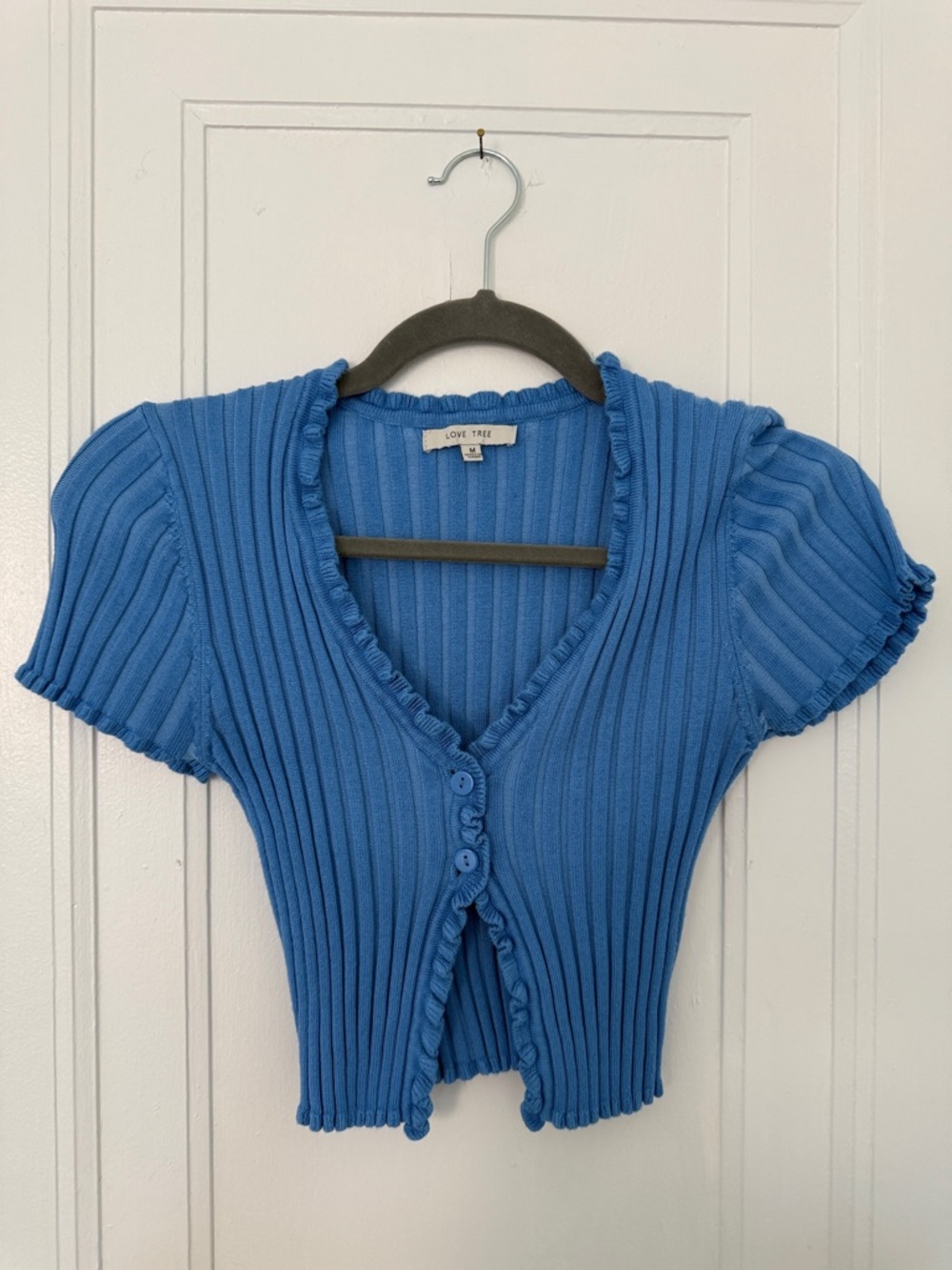 Love Tree Vibrant Blue Ribbed Button Crop Cardigan